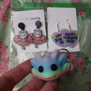 Cat Donut Earrings and Heart Earrings Set With 3D Printed  Keychain